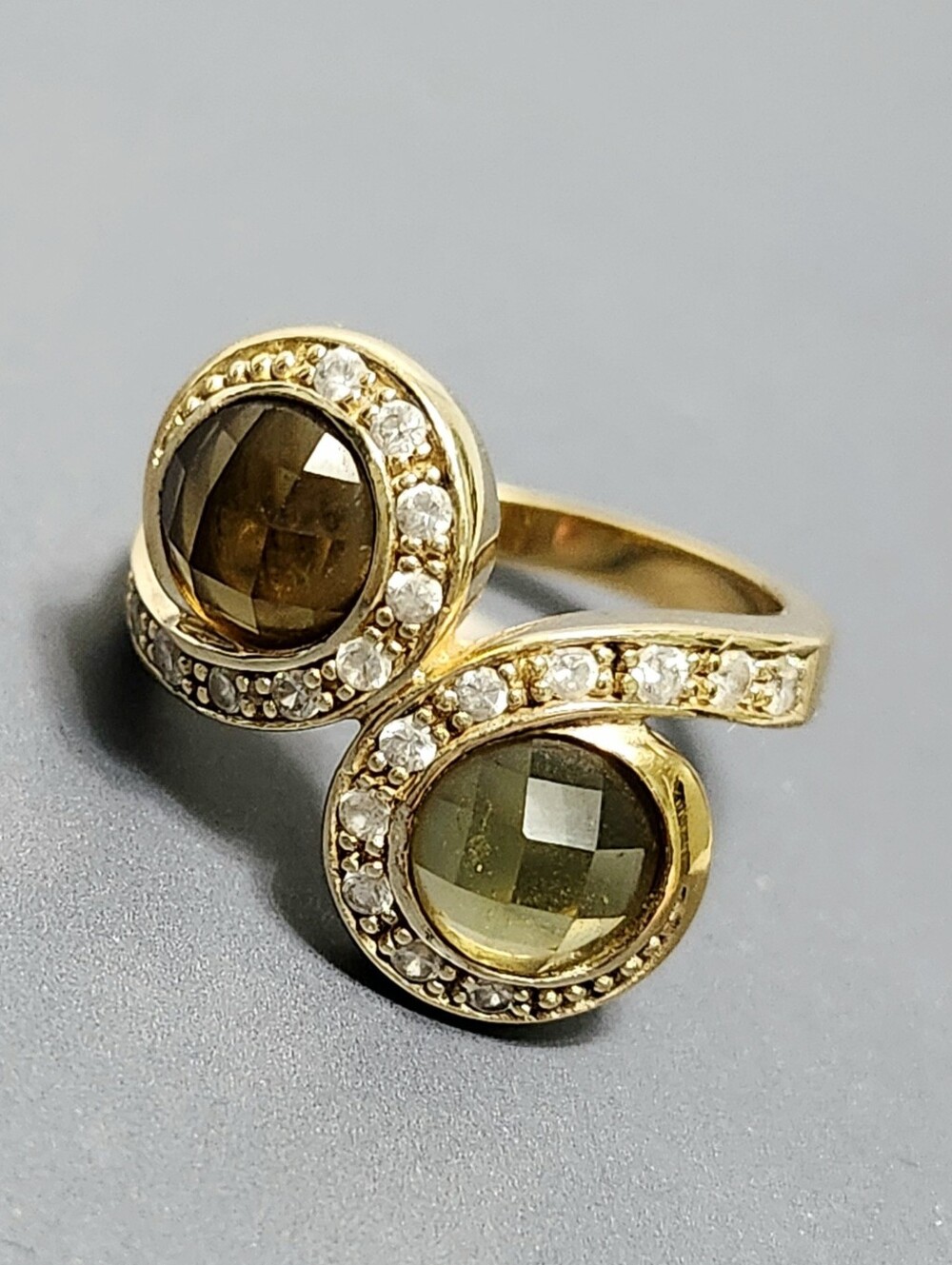 Kate Landry Gold over Silver Smoky Quartz Bypass Ring with Pavé Accents Size 7